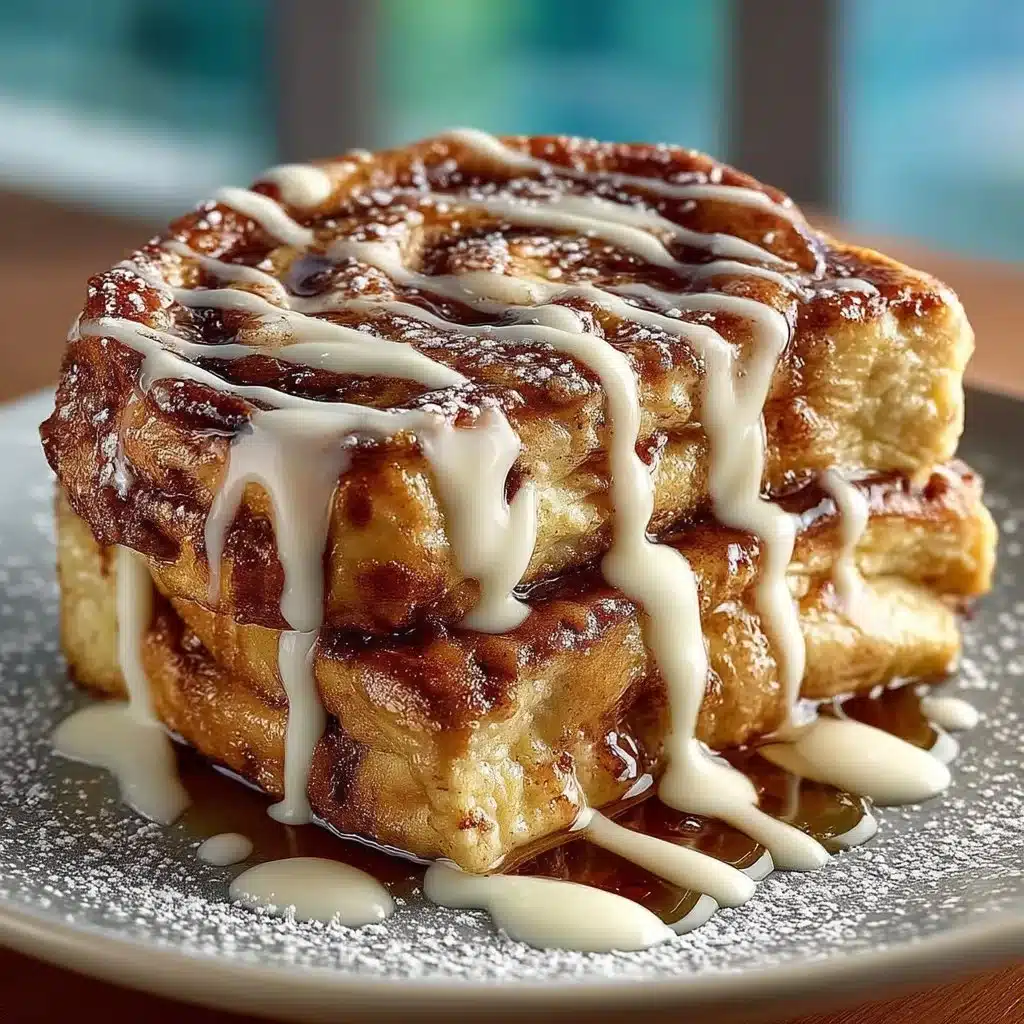 Delicious cinnamon roll French toast topped with icing and berries