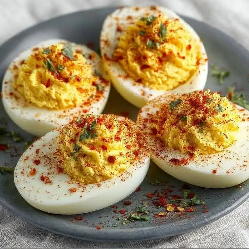 Plate of classic deviled eggs garnished with paprika and herbs