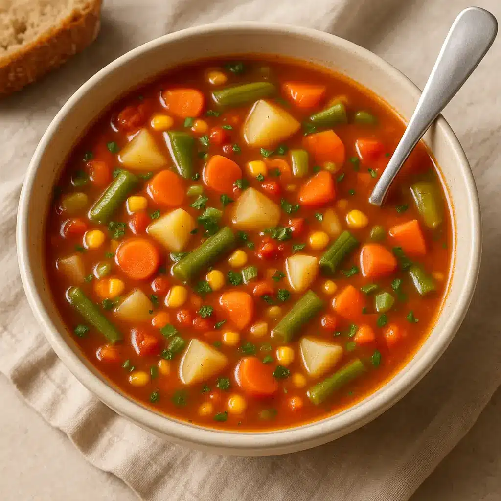 A bowl of classic vegetable soup filled with carrots, green beans, corn, and potatoes in a rich tomato broth, garnished with fresh parsley and served with rustic bread on a beige linen background.