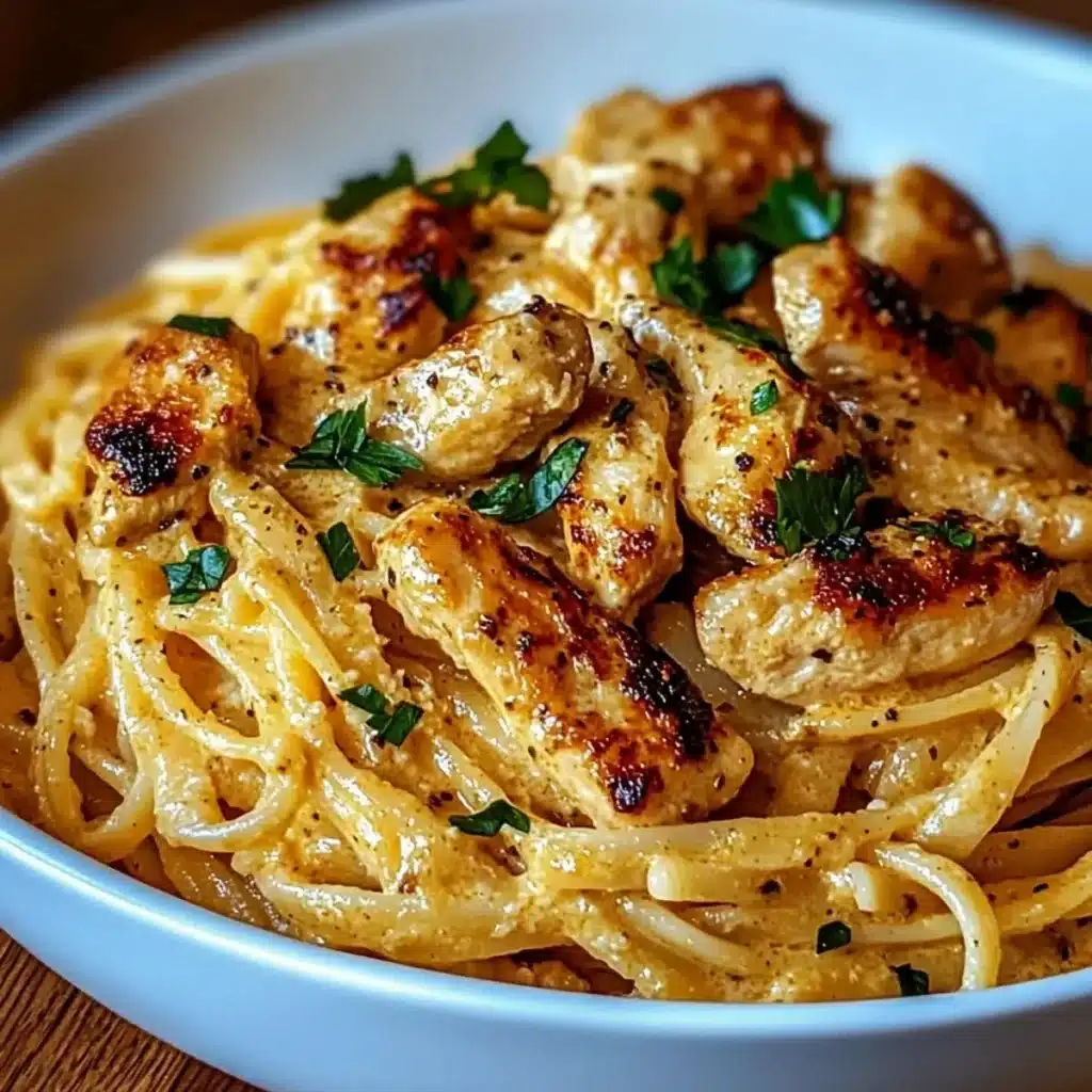 Plate of Cowboy Butter Chicken Linguine garnished with herbs