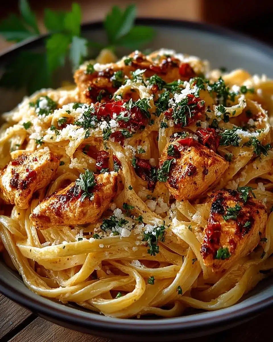 Delicious Cowboy Butter Chicken Linguine topped with herbs and spices.