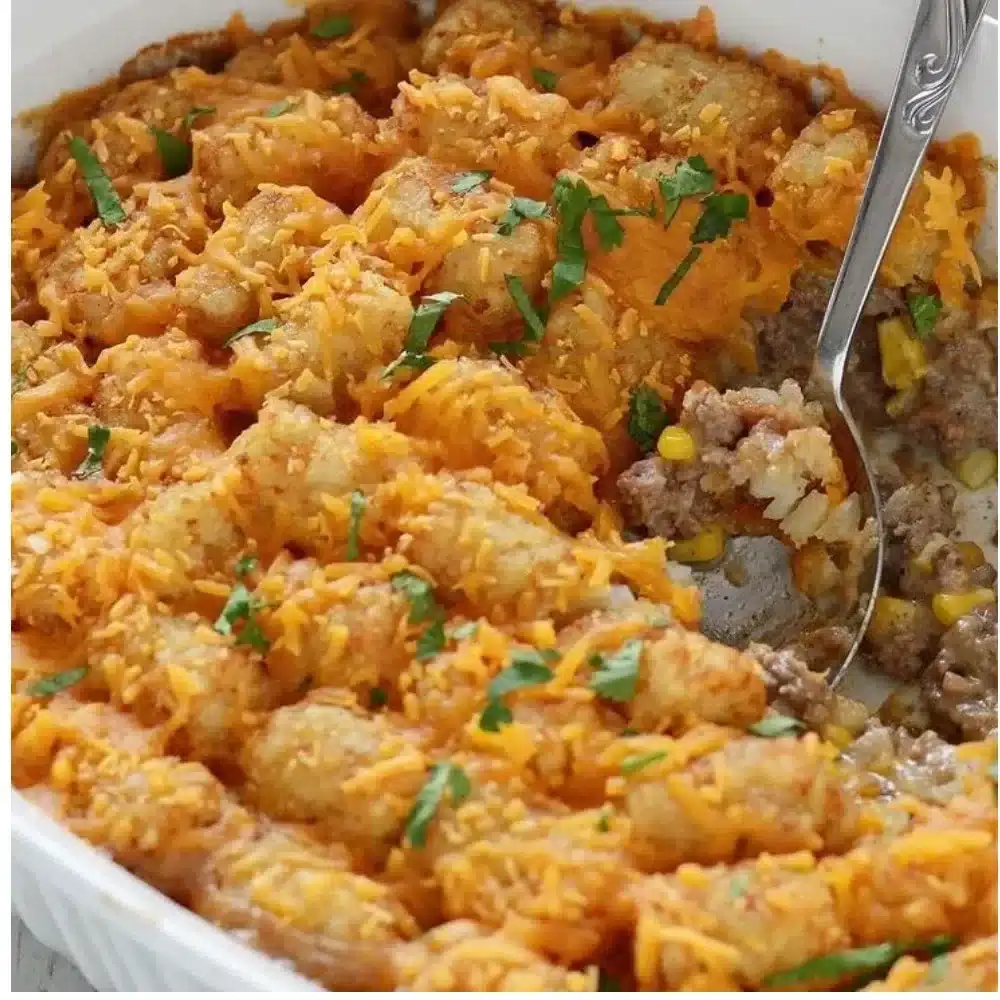 Delicious Cowboy Tater Tot Casserole served in a baking dish