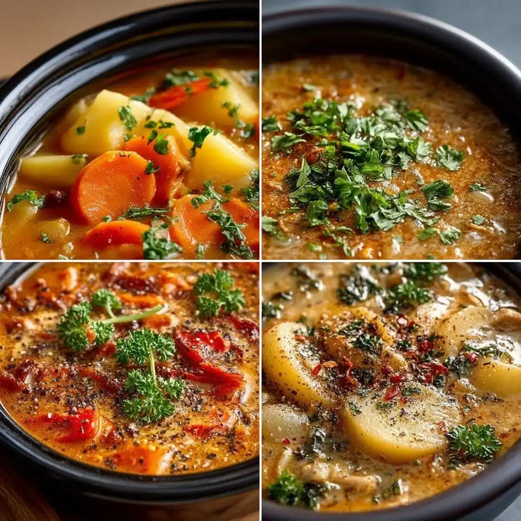 A bowl of cozy crockpot soup with vegetables and herbs, ready to serve.