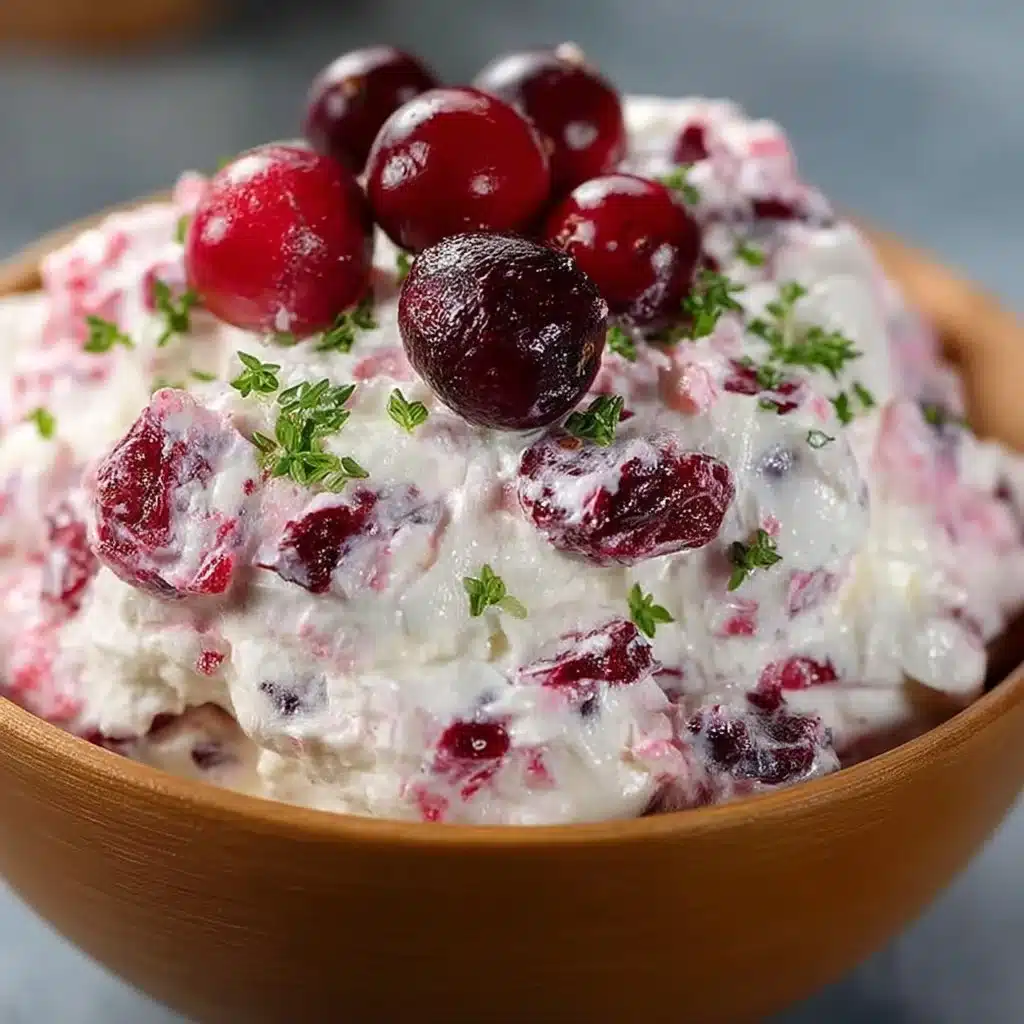 Colorful bowl of Cranberry Fluff Salad with whipped topping and cranberries