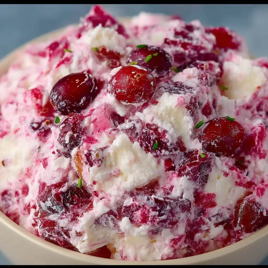 Deliciously colorful Cranberry Fluff Salad served in a festive bowl.