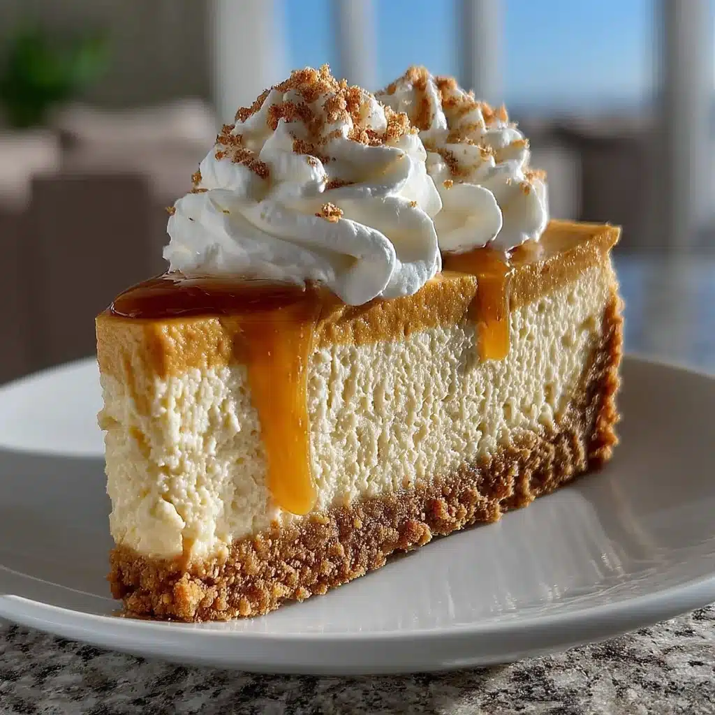 No bake pumpkin cheesecake topped with whipped cream and a graham cracker crust