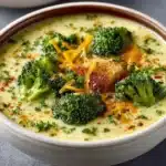 Bowl of creamy broccoli cheese soup garnished with cheese and broccoli florets