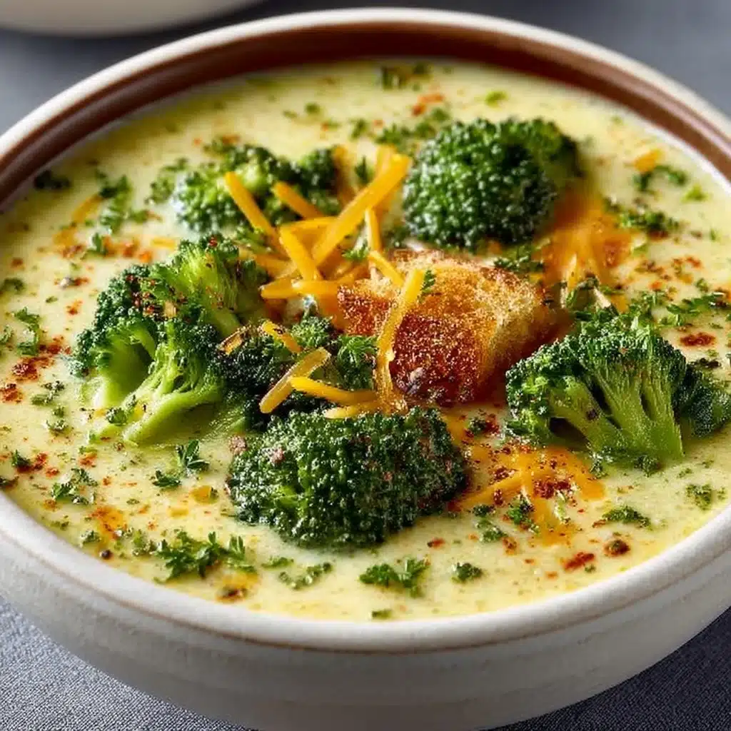 Bowl of creamy broccoli cheese soup garnished with cheese and broccoli florets