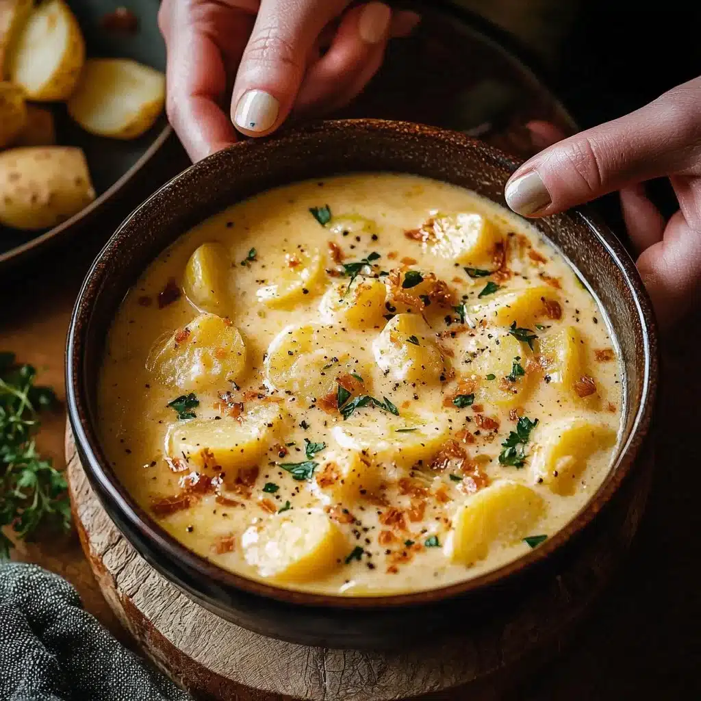 Bowl of creamy Cajun potato soup garnished with herbs