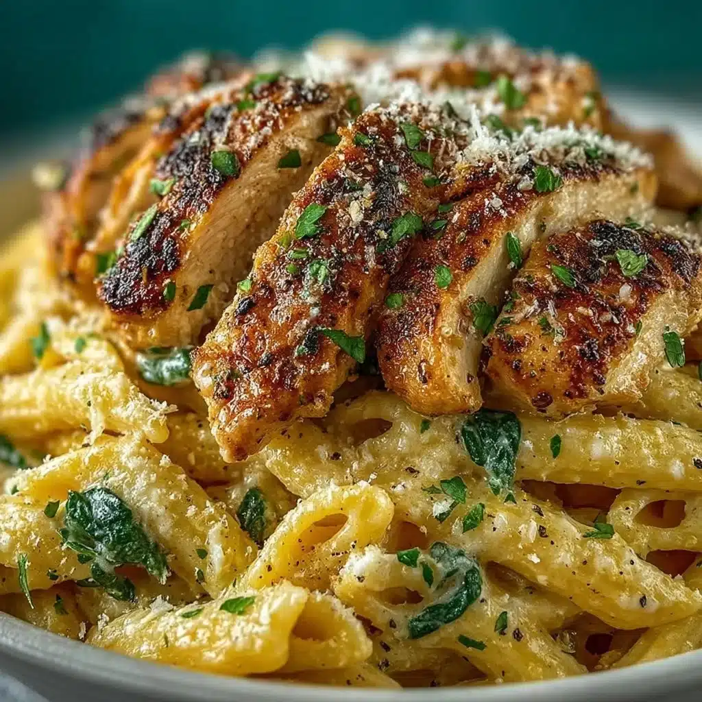 Creamy garlic parmesan chicken pasta served in a bowl with herbs.