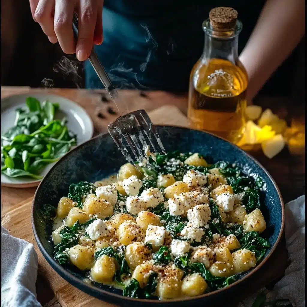 Creamy gnocchi with spinach and feta prepared in a bowl
