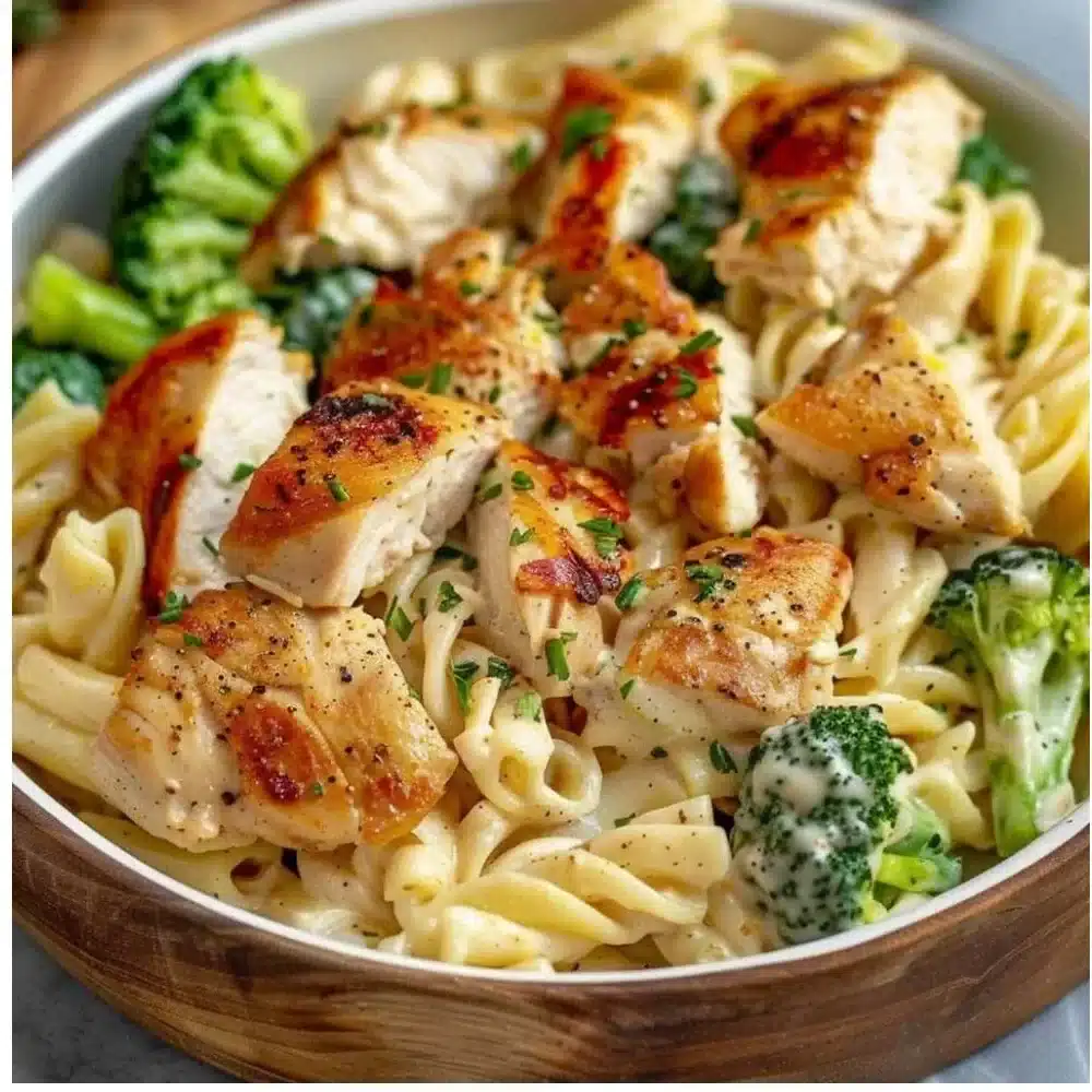 Creamy rotisserie chicken broccoli pasta dish served in a bowl
