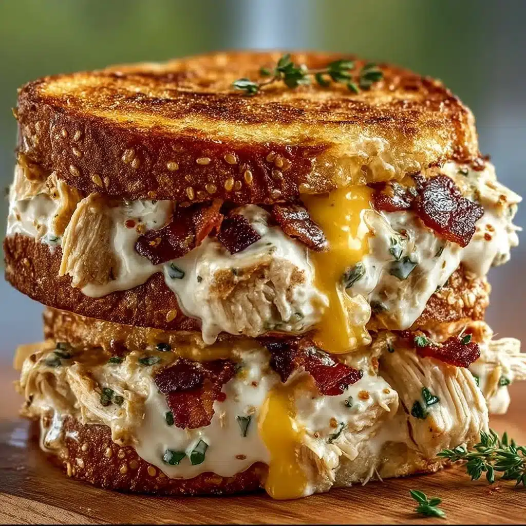 Creamy shredded chicken bacon ranch sandwich melt with cheese on toasted bread
