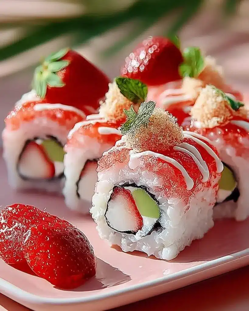 Creative strawberry shortcake sushi roll dessert with fresh strawberries and whipped cream