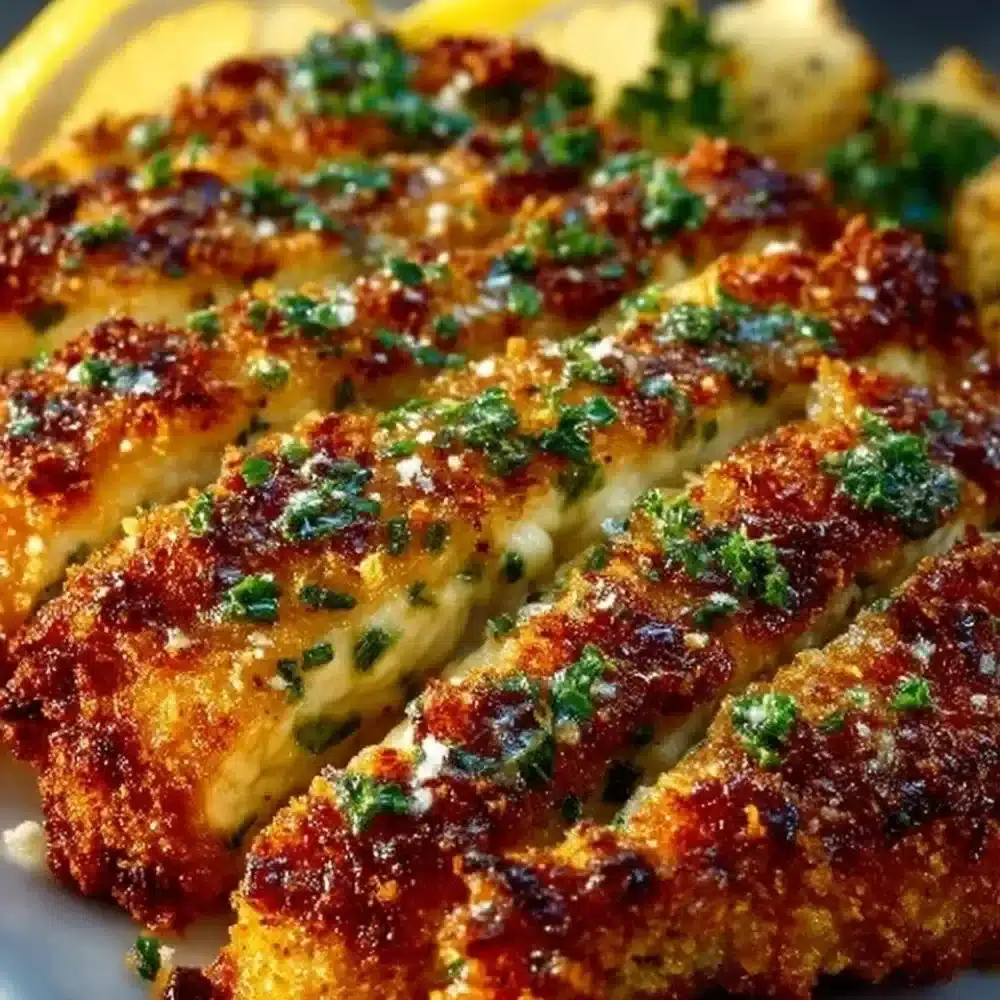 Crispy Baked Italian Parmesan Chicken served on a plate with herbs