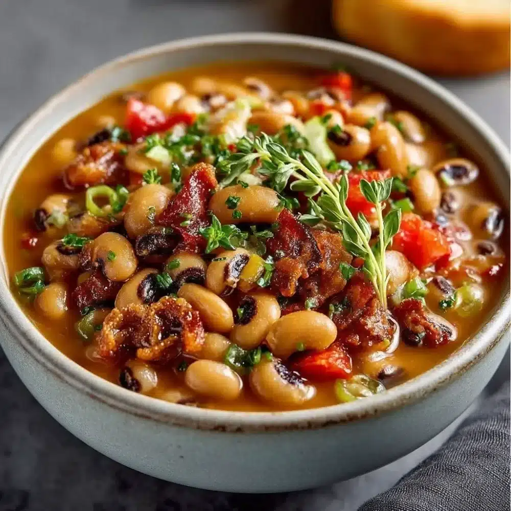 Bowl of Crockpot Black Eyed Peas garnished with herbs