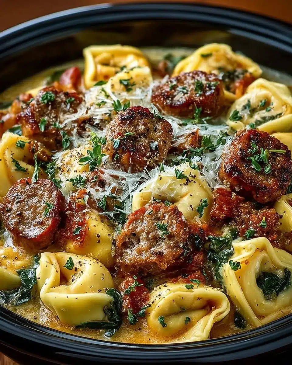 Crockpot Cheese Tortellini with Sausage served in a bowl