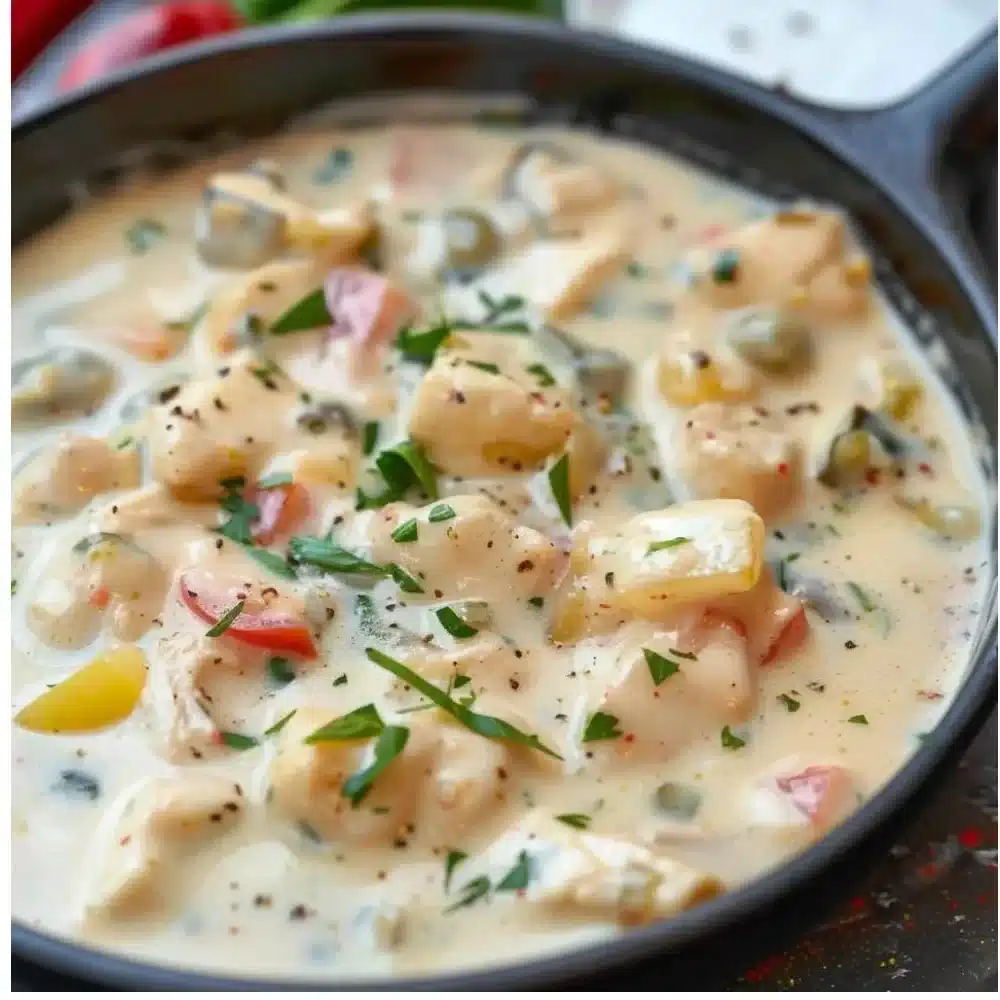 Dairy free chicken alfredo served in a bowl with fresh herbs