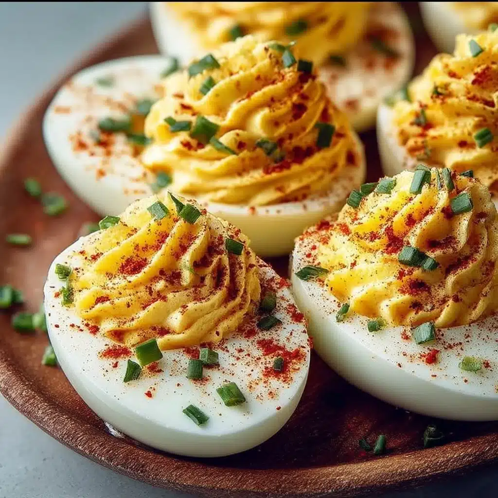 Plate of delicious deviled eggs garnished with paprika and herbs