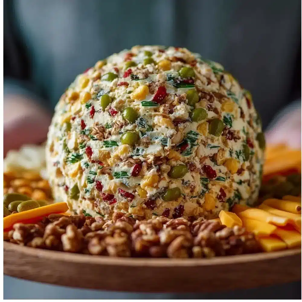 Dill Pickle Cheese Ball served on a platter with crackers and herbs