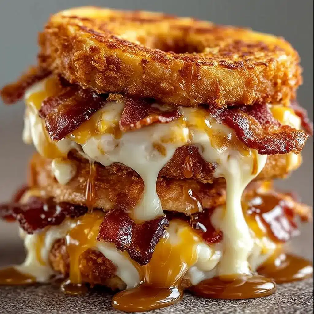 Donut grilled cheese sandwich with bacon and maple syrup drizzle