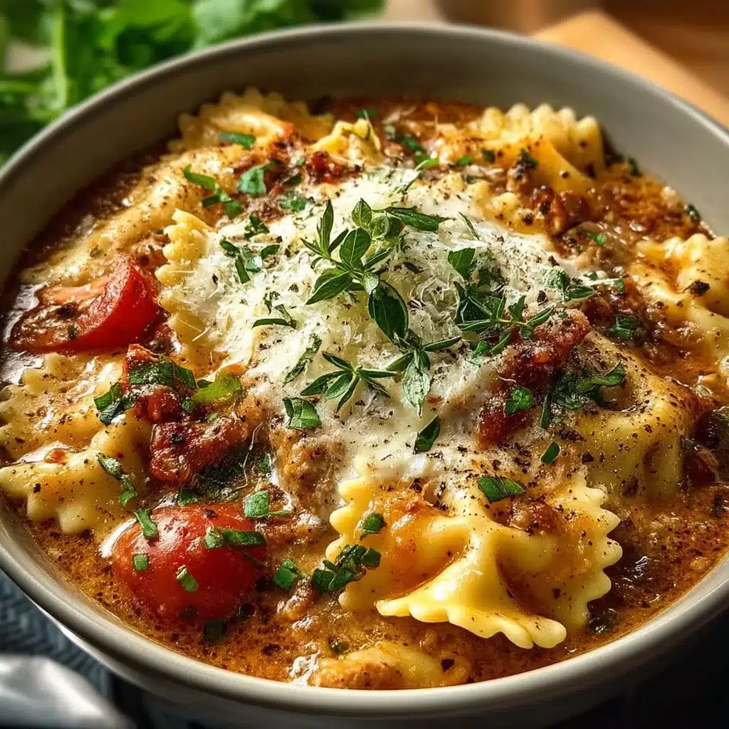 Bowl of creamy lasagna soup topped with cheese and herbs