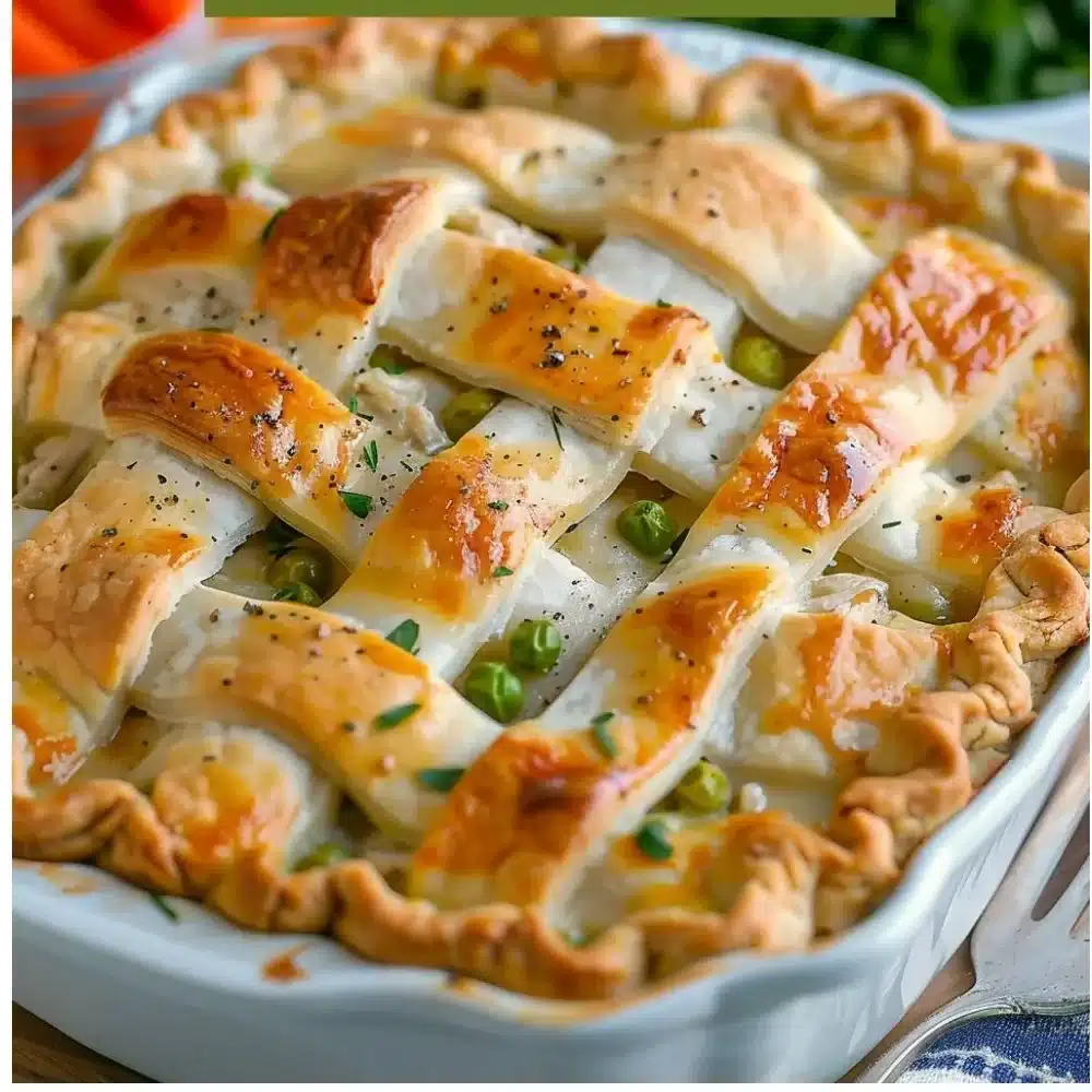 Delicious homemade chicken pot pie casserole topped with flaky crust.