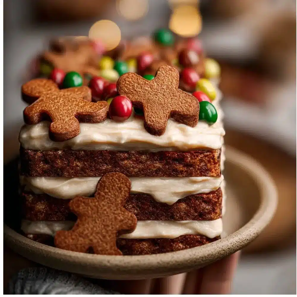 Delicious homemade Gingerbread Cake decorated with festive icing and spices.