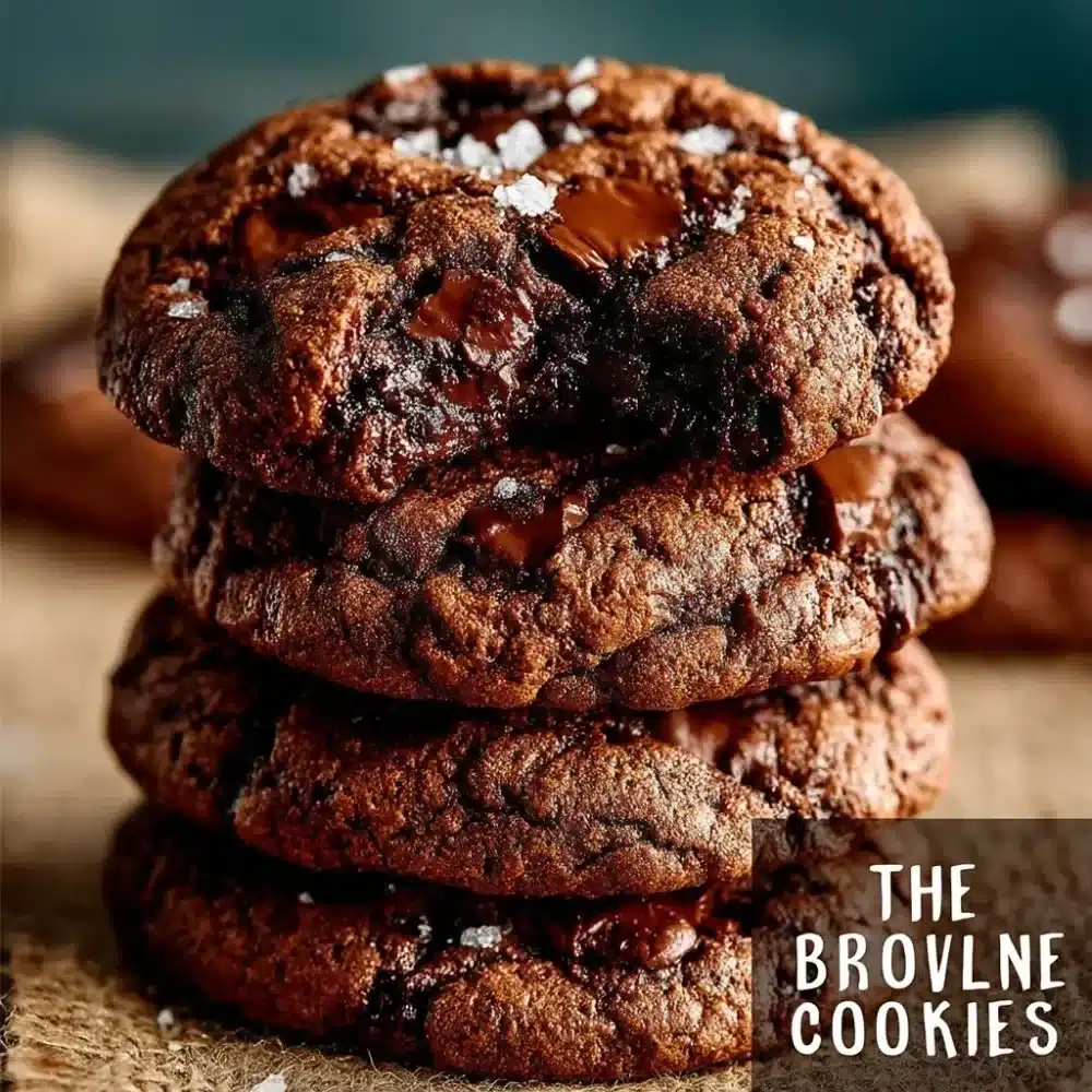 Gourmet brownie cookies stacked on a plate, rich in chocolate flavor.