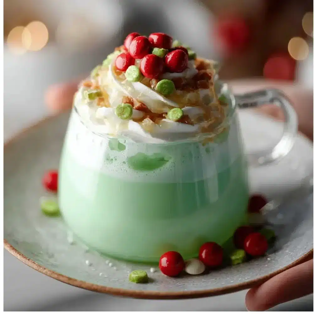 A festive cup of Grinch Hot Chocolate topped with whipped cream and green sprinkles.