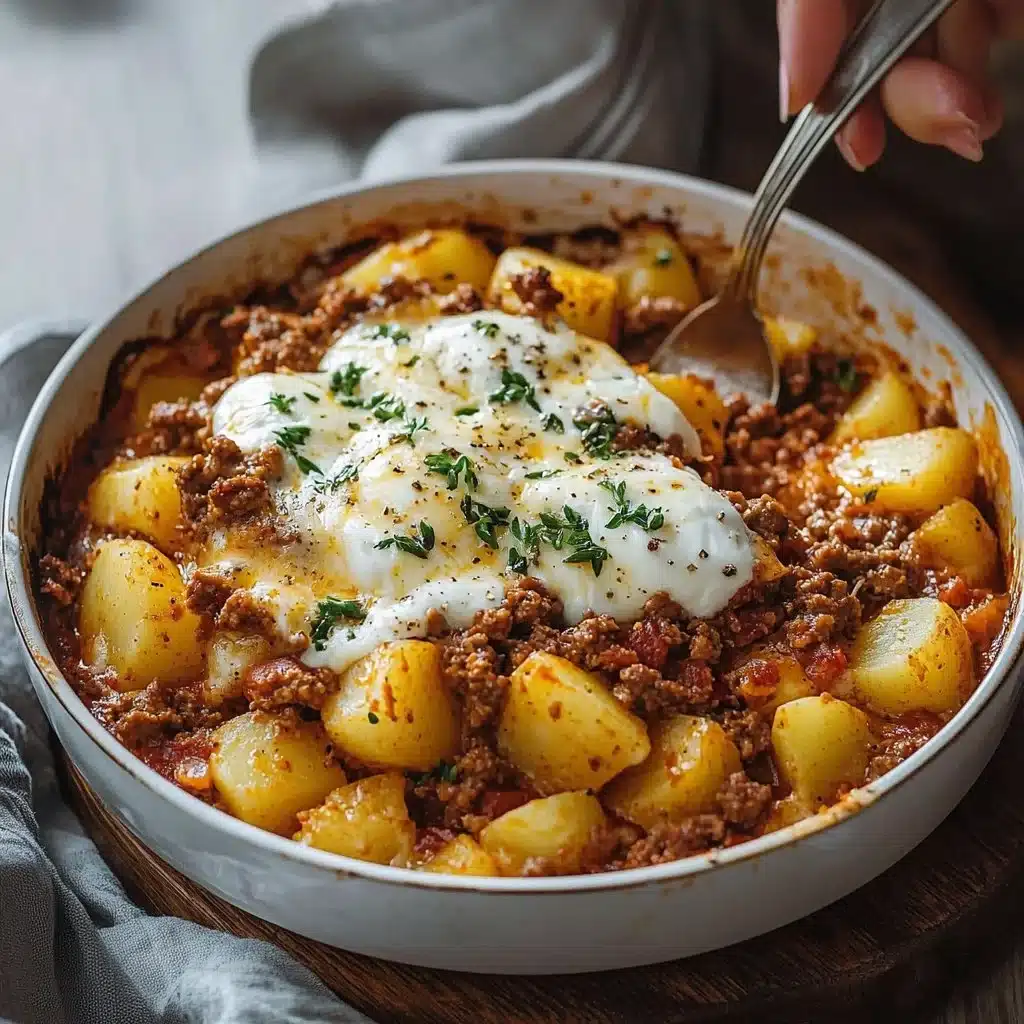 Delicious ground beef and potatoes casserole served in a baking dish