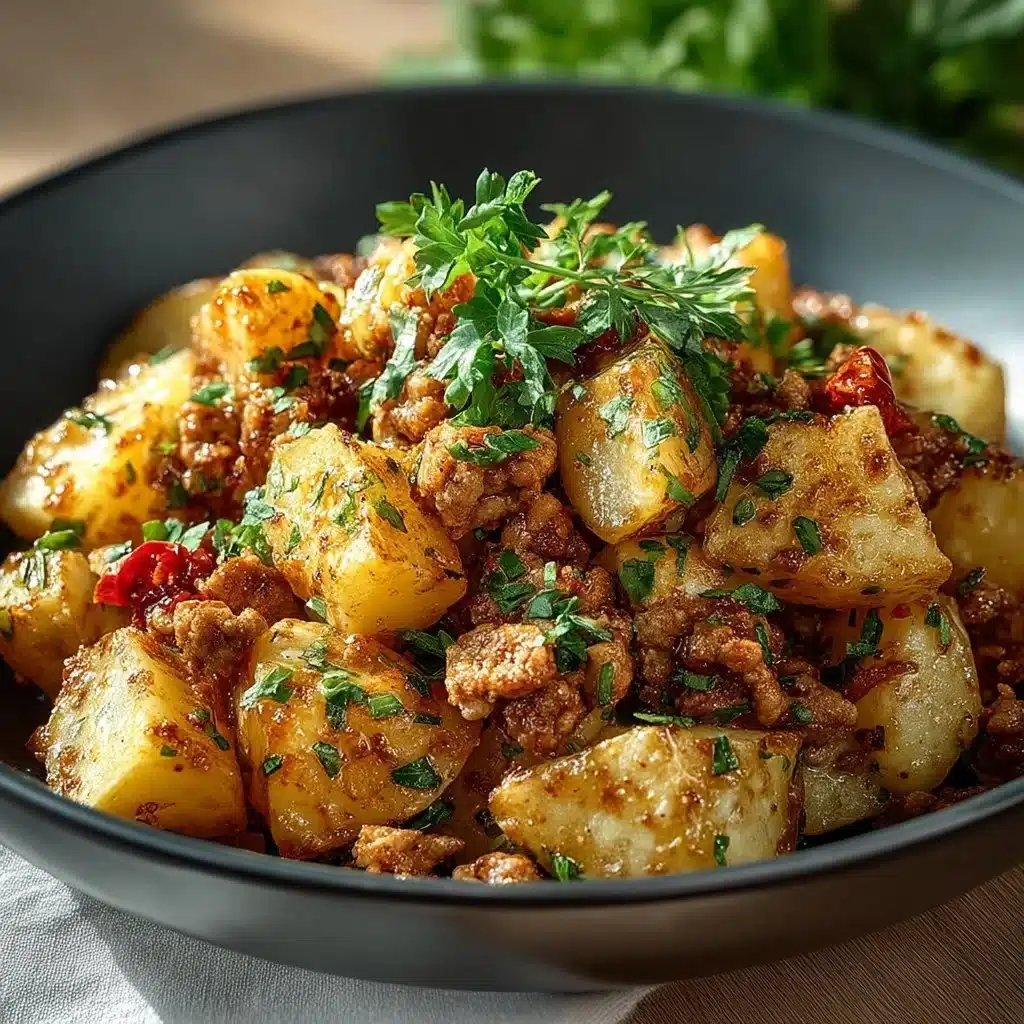 Skillet dish featuring ground turkey and potatoes, a hearty comfort food recipe.