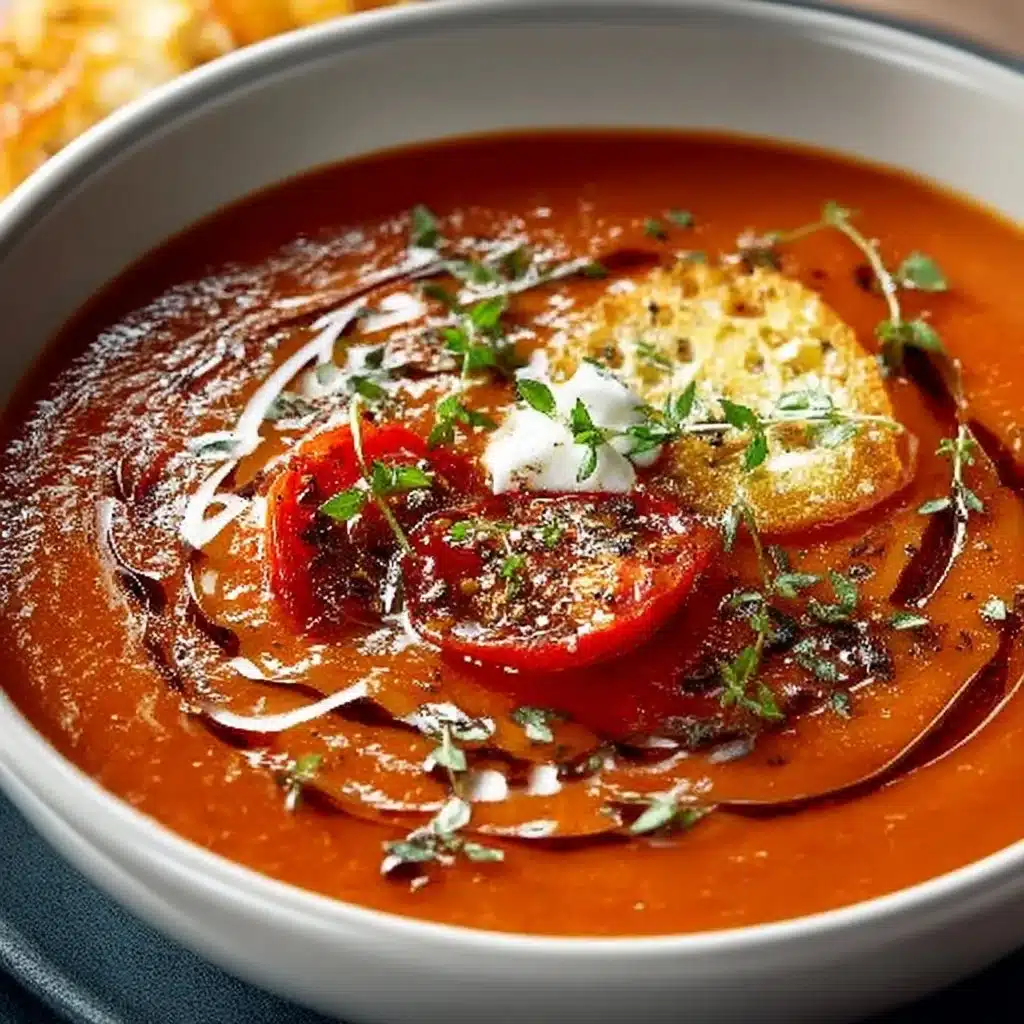 A bowl of gourmet roasted tomato soup garnished with fresh basil