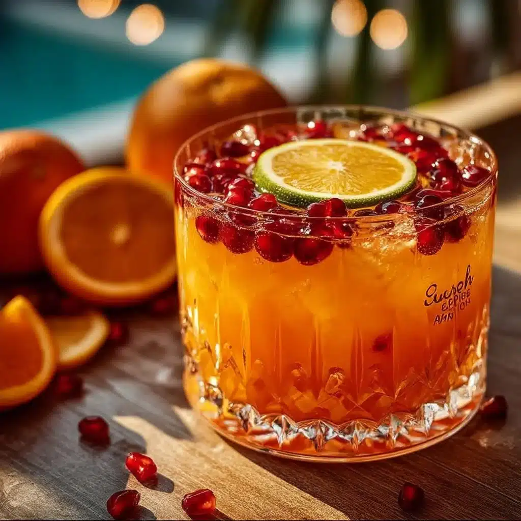 A colorful glass of Harvest Rum Punch with tropical fruits and ice.
