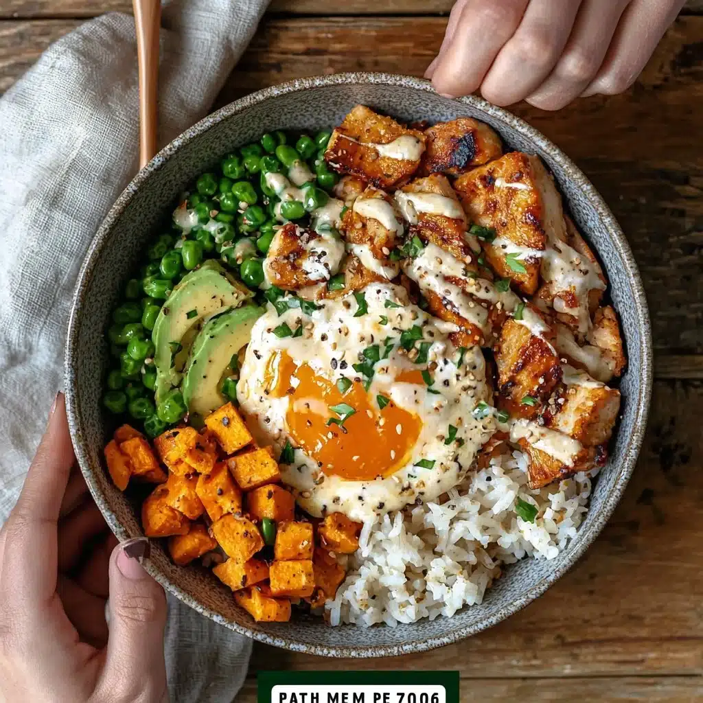 Healthy chicken and sweet potato rice bowl garnished with fresh vegetables