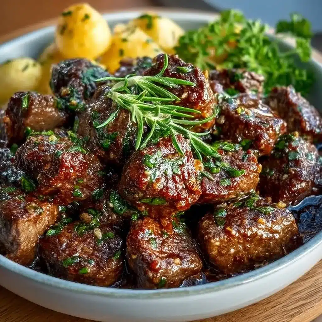 High protein slow cooker garlic butter beef bites served in a bowl.