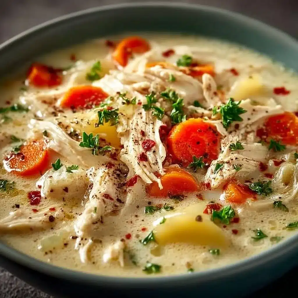 A bowl of homemade cream of chicken soup garnished with herbs