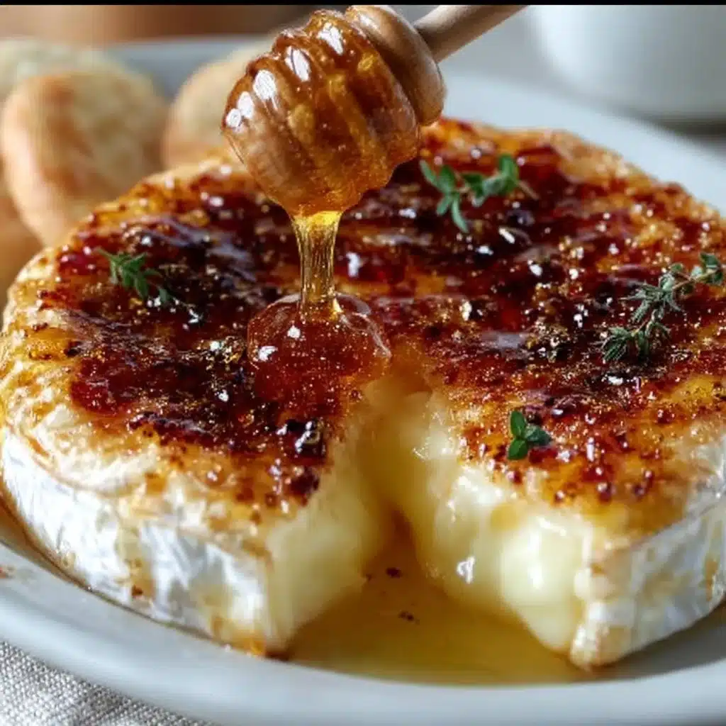 Honey brûlée brie topped with caramelized honey and served with fruit.