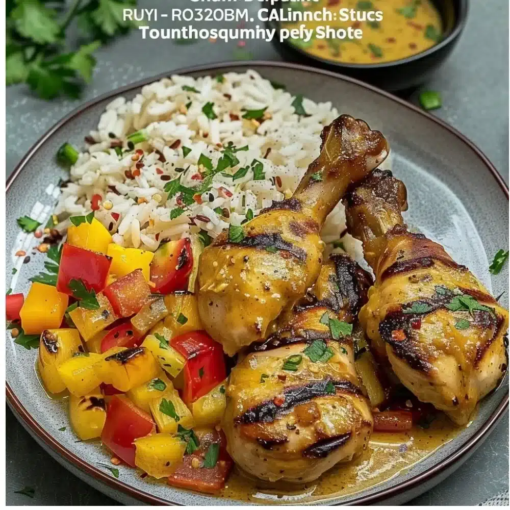 Plate of Honey Mustard Chicken served with rice and garnished with herbs.