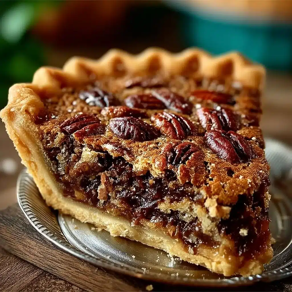 Delicious slice of Kentucky Pecan Pie on a rustic wooden table