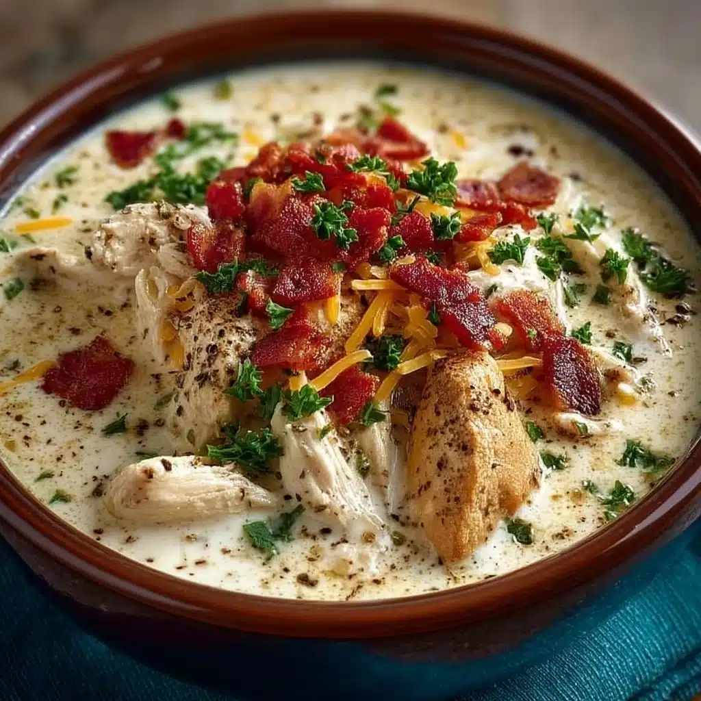 Bowl of Keto Chicken Cream Cheese Soup with herbs and spices