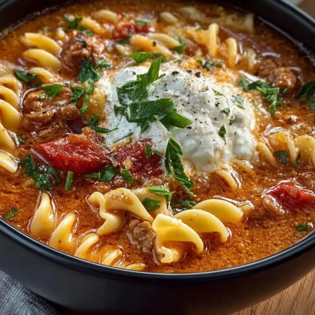 Delicious lasagna soup served in a bowl with cheese and fresh herbs