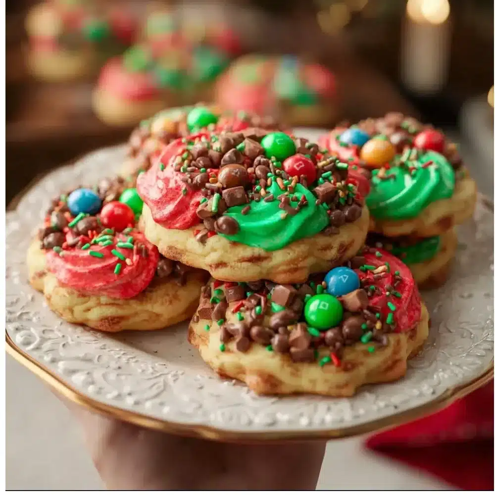 Festively decorated Lofthouse Christmas cookies on a holiday platter