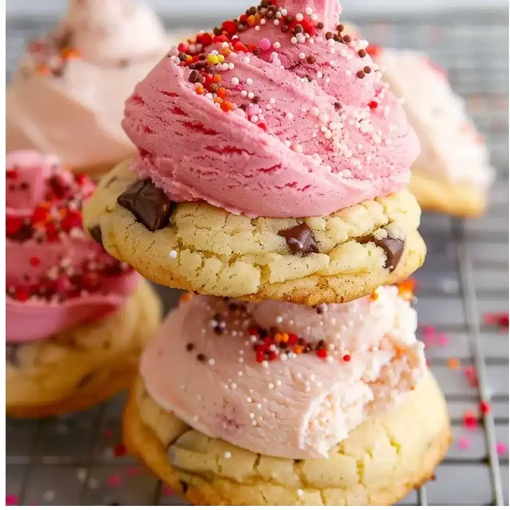 Colorful Lofthouse cookies with frosting and sprinkles on a plate