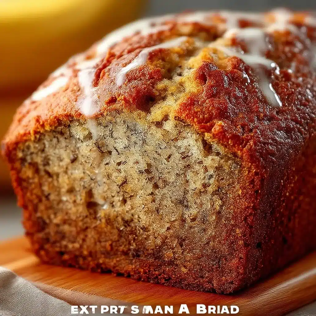 Slice of moist banana bread on a wooden cutting board