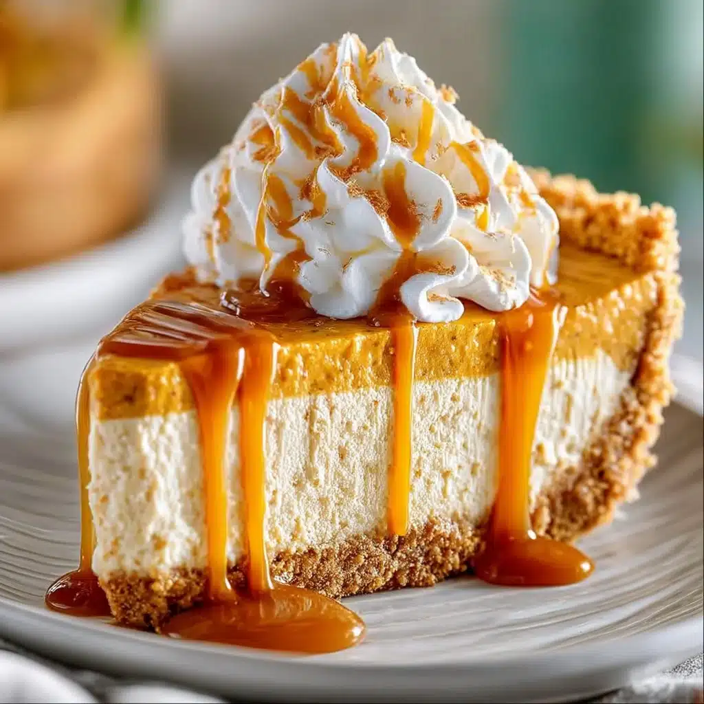 Delicious no bake pumpkin cheesecake topped with whipped cream and spices.