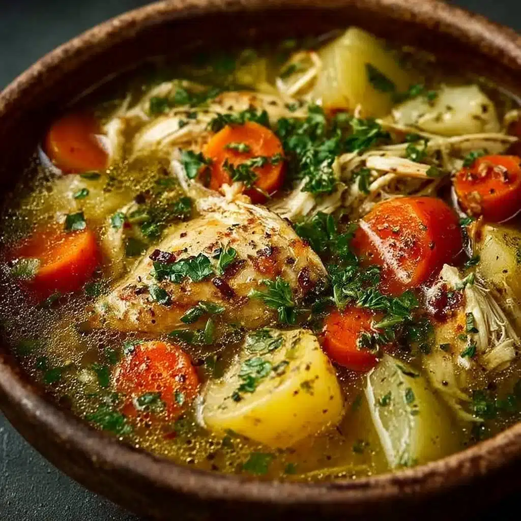 A bowl of nourishing chicken soup filled with vegetables and spices.