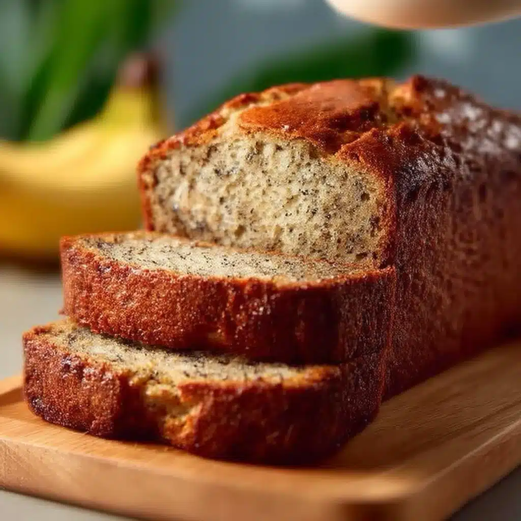 A loaf of homemade old fashioned banana bread on a wooden cutting board