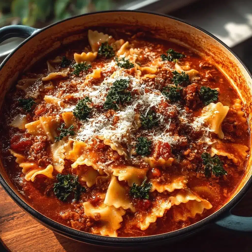 One Pot Lasagna Soup prepared with pasta, cheese, and tomato sauce in a bowl
