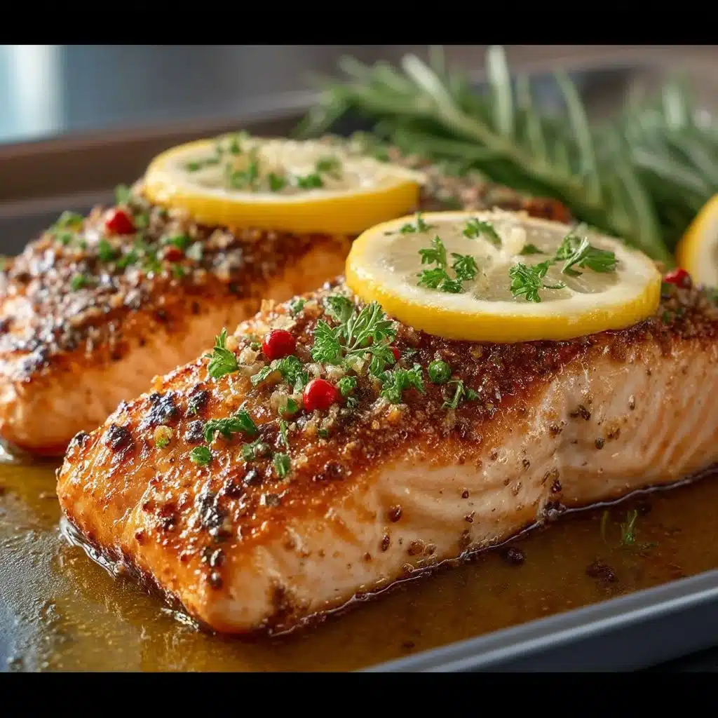 Delicious oven-baked salmon fillets with herbs and lemon ready to serve.
